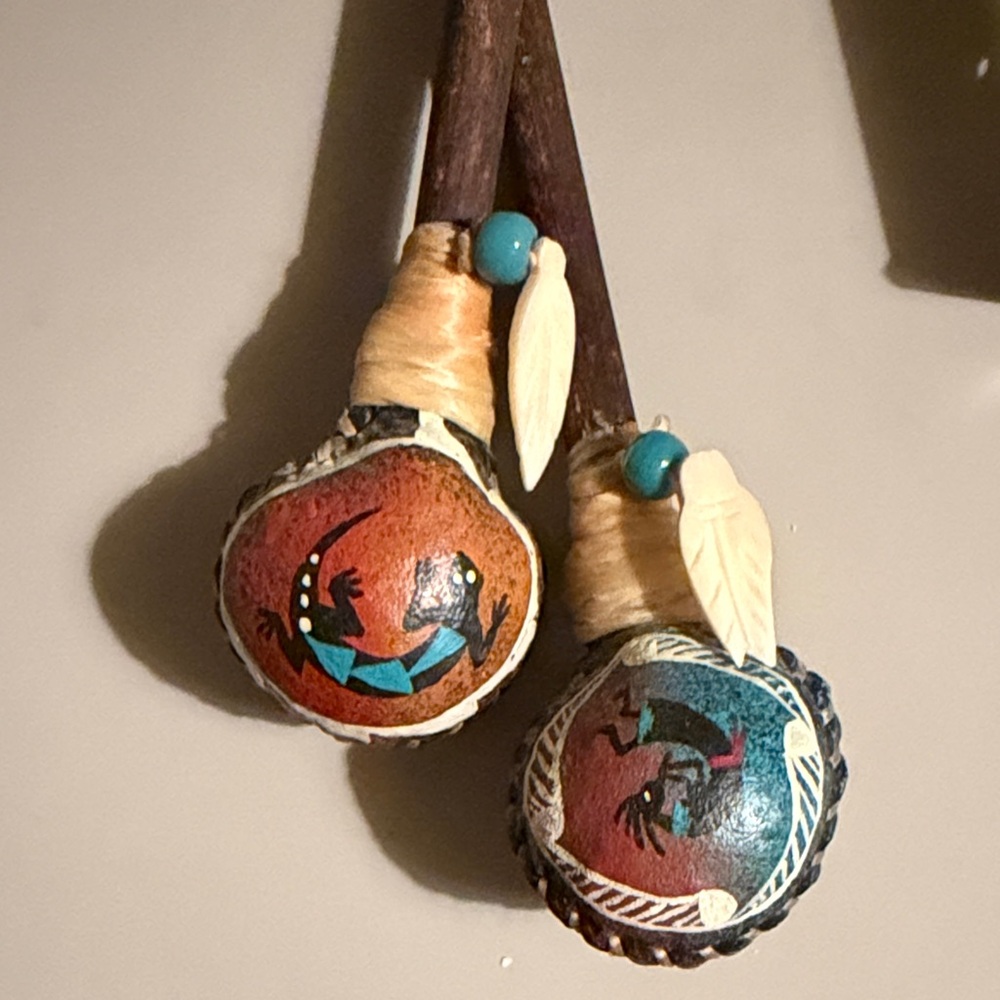 Pair vintage Handcrafted Native Decorative Rattles Lizard Kokopelli Design